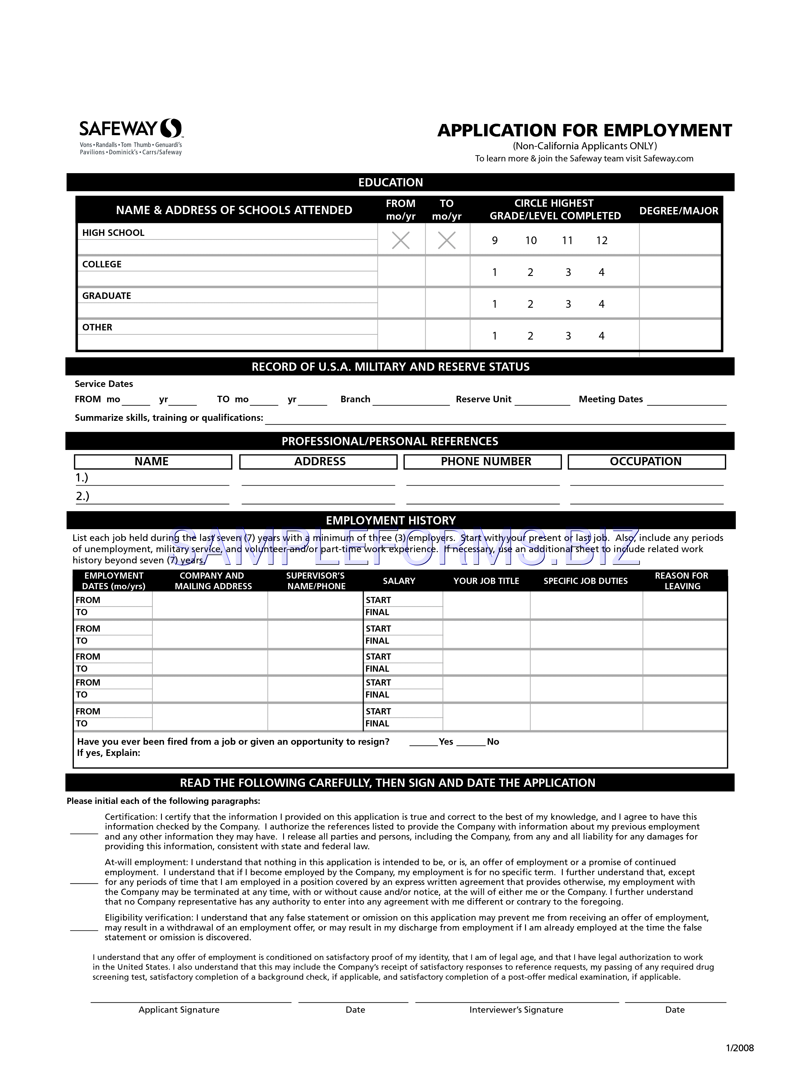 Preview free downloadable Safeway Job Application (Non-California Applicants ONLY) in PDF (page 2)